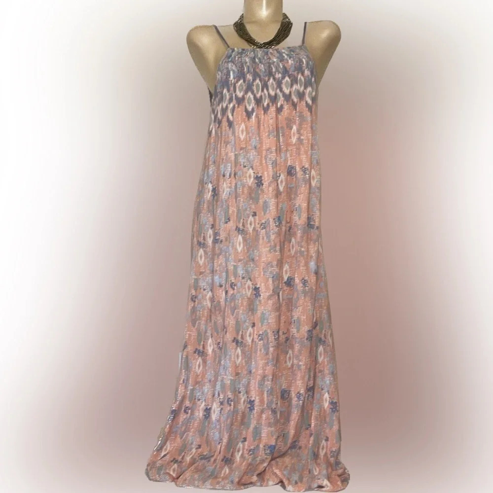 Hem & Thread women dress Medium 8 10 maxi boho tie back open back pink blue tall